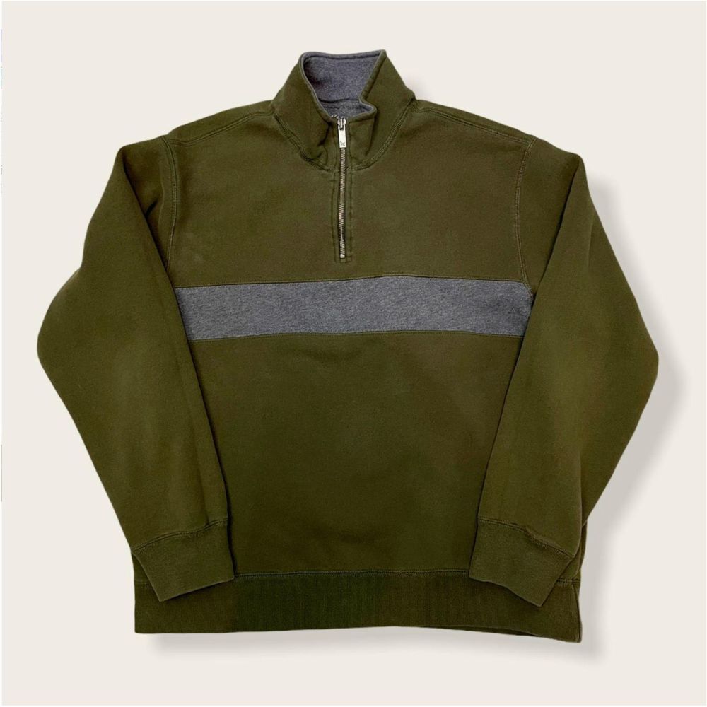 Eddie Bauer Men's Sweater - Quarter Zip - Pull Over - Green/Gray Stripe - Size L